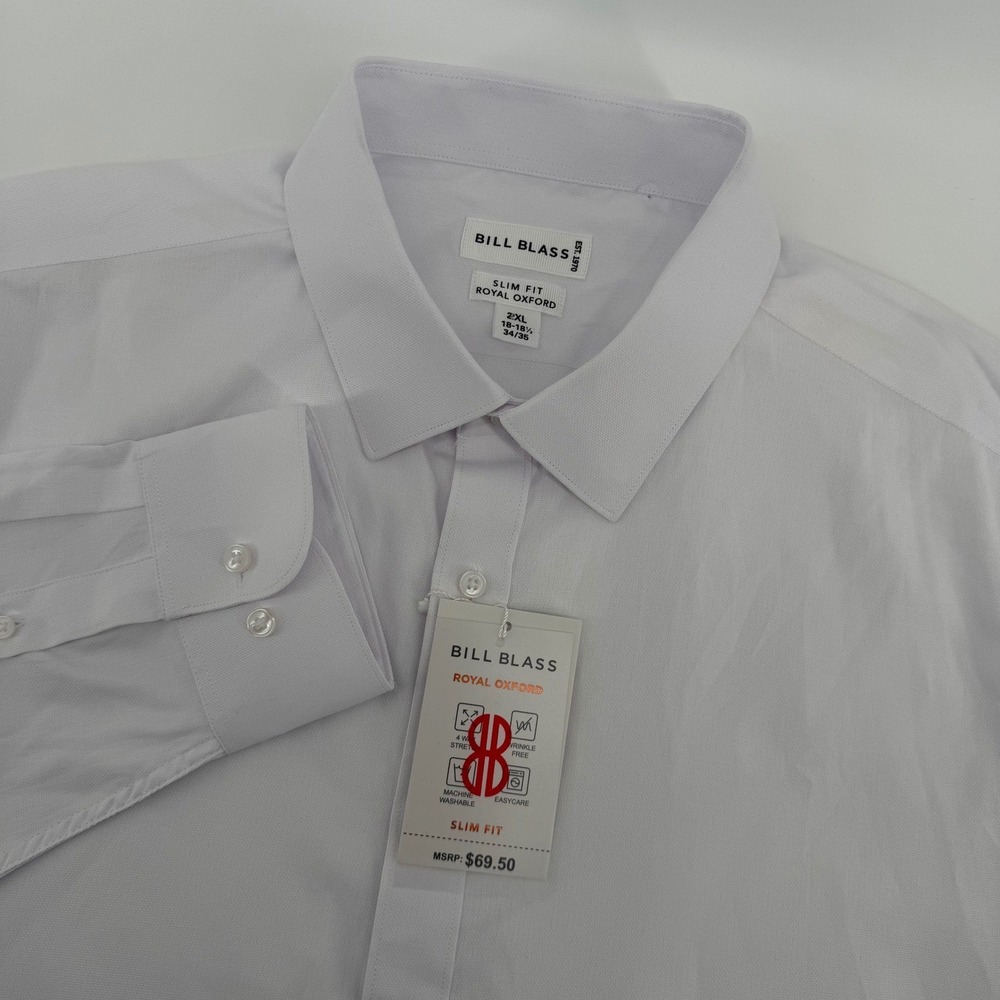 NWT Bill Blass Dress Shirt Mens 2XL White Slim Fit Royal Oxford Stretch